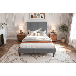 Sunvega Stylish Channel-Tufted Headboard Twin Bed with Brushed Linen Fabric