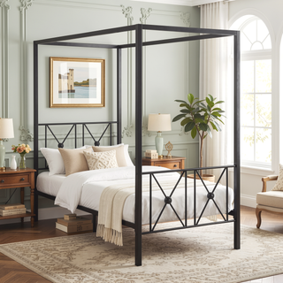 Sunvega Black Finish Twin Platform Bed Canopy Metal Frame Modern Traditional