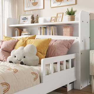 Sunvega Twin Pine Wood Bed with LED Motion Sensor Light and Bookcase Headboard