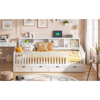 Sunvega White Wood Twin XL Floor Bed with Storage Cabinets and USB Charging Ports