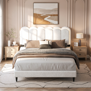 Sunvega Cream Petal Headboard Bed Frame with Atmosphere Light for Bedroom
