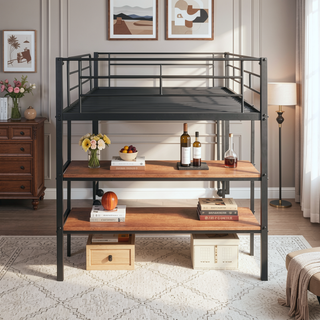 Sunvega Twin Size Metal Loft Bed with Desk, Shelves, and Full Guardrail