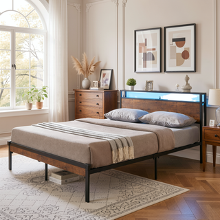 Sunvega King Size Metal Platform Bed Frame with Wooden Headboard and Footboard