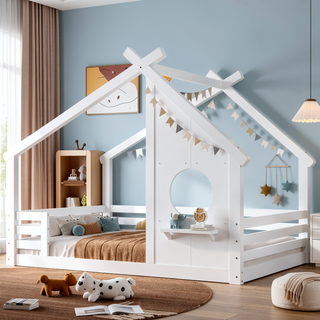 Sunvega White Twin House Floor Bed with Window and Shelf for Kids Room