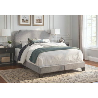 Sunvega Chic Grey Linen Look Upholstered Bed with Chrome Trim for Full Size