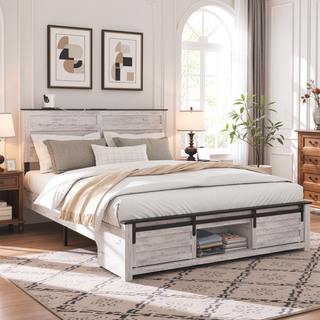Sunvega Queen Bed Frame with Upholstered Headboard and LED Lighting Charging Station