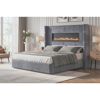 Sunvega Queen Size Upholstered Bed with Electric Fireplace and Bluetooth Speakers in Gray Velvet