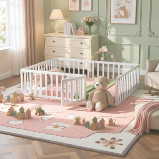 Sunvega Twin Size Wood Floor Bed Frame with Fence and Door in Walnut Finish