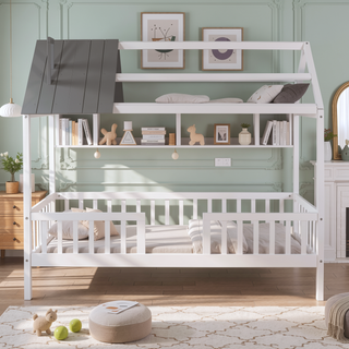 Sunvega White Twin Size Wood House Playhouse Bed with Fence for Kids Room