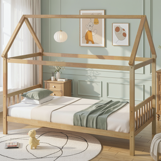 Sunvega Twin Rubber Wood House Bed with Headboard and Footboard in Light Grey