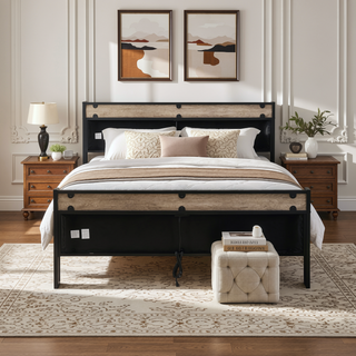 Sunvega Full Size Metal Platform Bed Frame with Upholstery Storage Headboard and Footboard