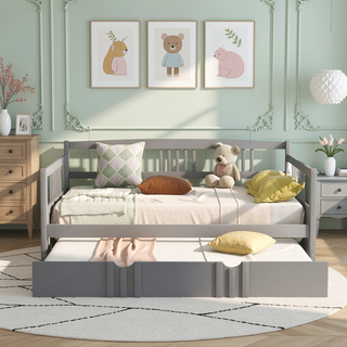 Sunvega Full Size Daybed with Twin Trundle Solid Wood Frame for Living Room