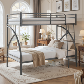Sunvega Gray Metal Twin/Full Bunk Bed with Guard Rails and Ladder