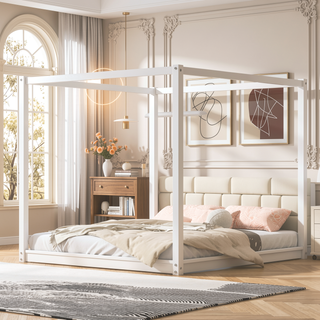 Sunvega White Queen Size Canopy Platform Bed with Support Legs and Sturdy Frame