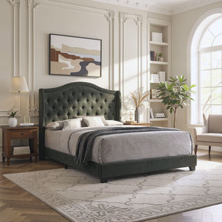 Sunvega Copper Beige Upholstered Queen Wingback Bed with Classic High Back Design