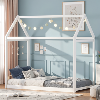 Sunvega Twin Size Gray Wooden House Bed with Eaves Design for Kids Room