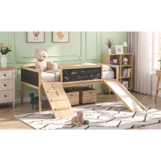 Sunvega Twin Size Pine Wood Loft Bed with Climbing Frame and Slide