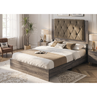 Sunvega Fabric Upholstered Button Tufted Panel Bed with Wooden Frame