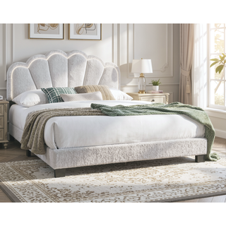 Sunvega White Queen Size Upholstered Wool Floral Headboard Bed with LED Lights
