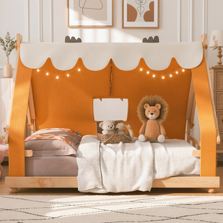 Sunvega Full Size Brown House Bed with Detachable Tent and Skylight for Kids