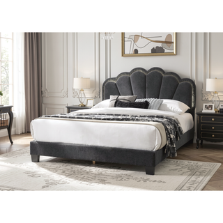 Sunvega Queen Size Upholstered Platform Bed with Floral Headboard and LED Lights