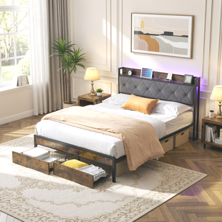 Sunvega King Bed Frame with Storage Headboard LED Lights and USB Charging Station