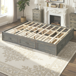 Sunvega Antique Natural Queen Size Platform Bed with 6 Spacious Storage Drawers