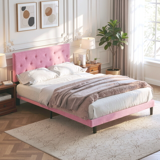 Sunvega Modern Upholstered Platform Bed Frame with Button Tufted Linen Headboard