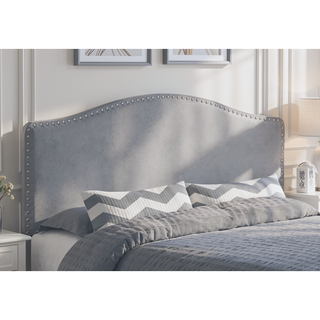 Sunvega Queen Size Upholstered Grey Leather Look Headboard with Silver Nailhead Trim