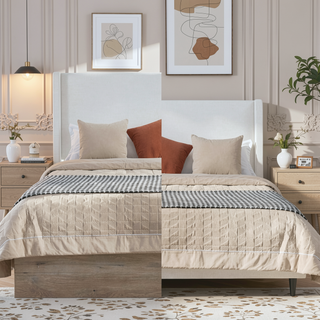 Sunvega Upholstered Wingback Bed with 54 Inch High Headboard in Textured Ivory Canvas Chenille