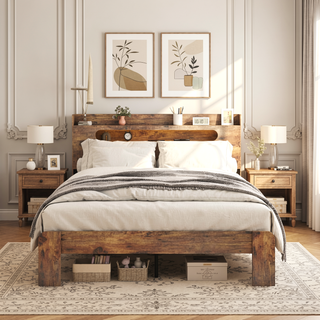 Sunvega Queen Wood Platform Bed Frame with Storage Headboard and 2 USB Ports