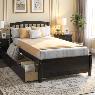 Sunvega Twin Wood Platform Storage Bed Frame with Two Drawers and Headboard