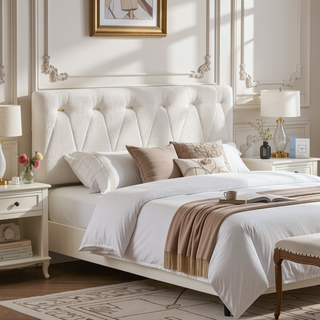 Sunvega Soft Teddy Bear Wheat Color Fabric Upholstered Queen Platform Bed