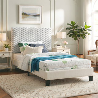 Sunvega Plush 3D Upholstered Platform Bed in White Dove with Height Adjustable Headboard