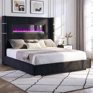 Sunvega Queen Size Upholstered Wingback Panel Bed with Black Corduroy and Flame Box