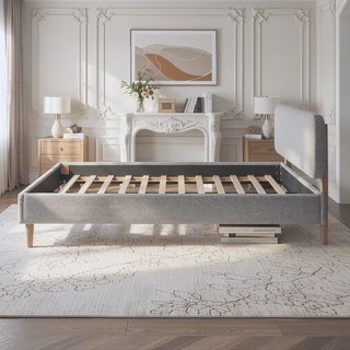 Sunvega Low Profile Upholstered Queen Platform Bed with Headboard Light Grey