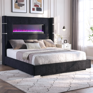 Sunvega Queen Size Upholstered Wingback Panel Bed with Black Corduroy and Flame Box