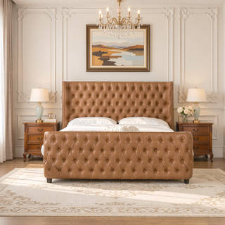 Sunvega Brooklyn King Tufted Panel Bed Headboard and Footboard Set in Caramel Tan Brown