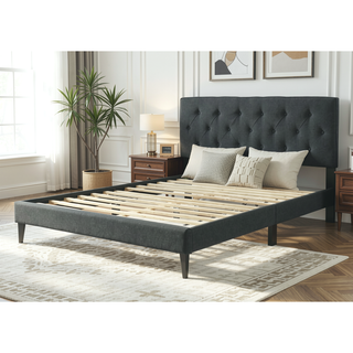 Sunvega Queen Upholstered Pleated Bed in a Box with Sturdy Dark Brown Frame