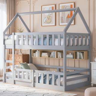 Sunvega Twin over Twin House Bunk Bed with Fence and Door in Gray