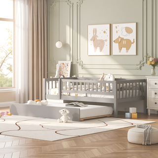 Sunvega Natural Twin Size Wood Daybed with Trundle and Fence Guardrails