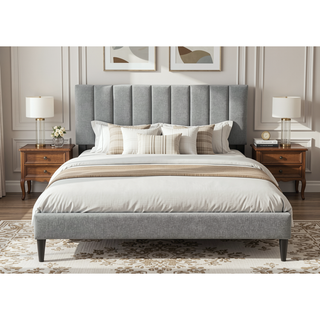 Sunvega Queen Upholstered Pleated Bed in a Box with Sturdy Dark Brown Frame