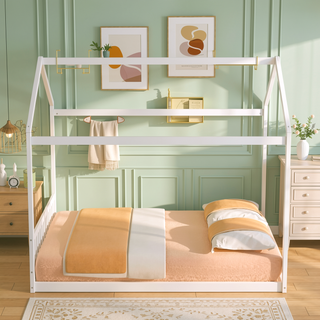 Sunvega Queen Size White House Shaped Bed with Headboard Made of Pine Wood