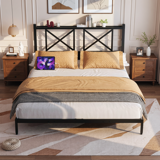 Sunvega Queen Size Floating Bed Frame with Headboard Storage USB Charging and RGB LED Lights