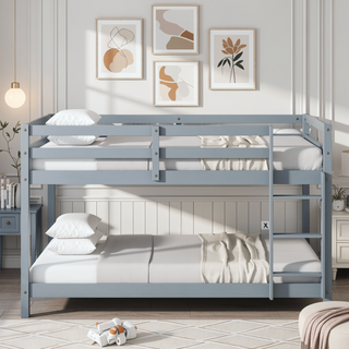 Sunvega Twin over Twin Solid Wooden Bunk Bed with Ladder and Strengthened Slats