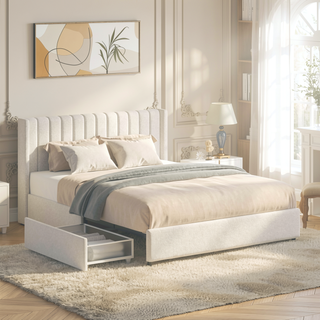 Sunvega Queen Size Ivory Boucle Upholstered Platform Bed with 4 Storage Drawers