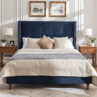 Sunvega Blue Velvet King Bed with Nailhead Trim Wingback and Buttoned Tufting