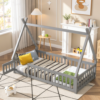Sunvega Twin Tent Teepee Bed with Guardrails Slats in Grey