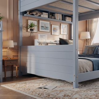 Sunvega Twin Over Twin House Floor Bunk Bed with Headboards Footboards Guardrails and Ladder