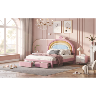 Sunvega Full Size Velvet Upholstered Rainbow Princess Platform Bed with Storage Drawer